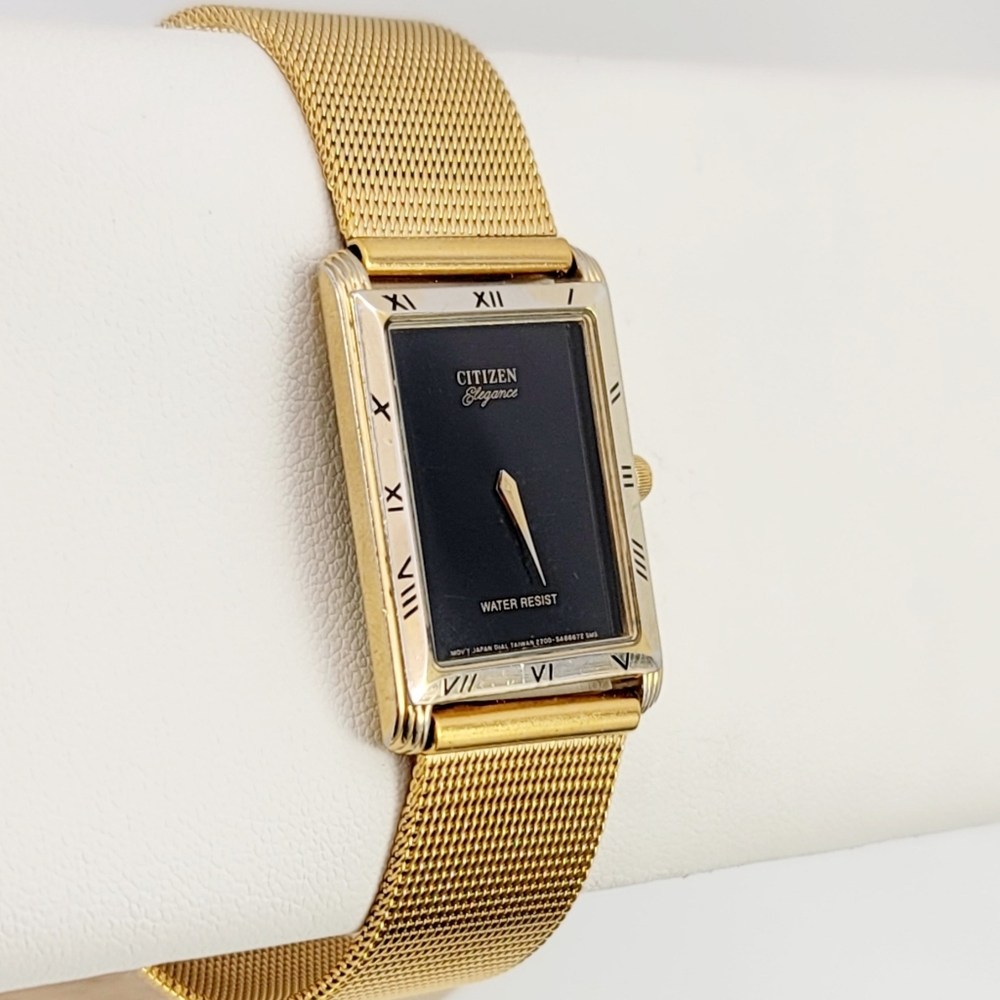 Vintage Citizen Elegance 2200 Gold Tank Watch – Black Dial, Mesh Band, Unisex - Picture 2 of 7